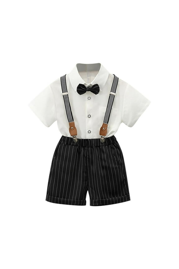 Toddler Boys Dressy Outfit Sets, 4 Pieces Cotton School Formal Shirt&Tie Suit Suspender Outfit White Size 8-9 T