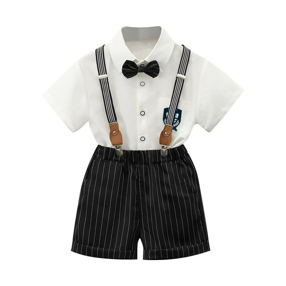 CYRBOKO Toddler Boys Dressy Outfit Sets, Cotton School Shirt&Tie Suit 4 Pieces 4 Pieces Suspender Outfit White Size 5-6 T