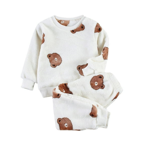 CYRBOKO Toddler Boys Fleece Pajama Sets, Elastic Waist Thermal Printed Long Sleeve Winter Loungewear Sets Beige Size 4-5 T