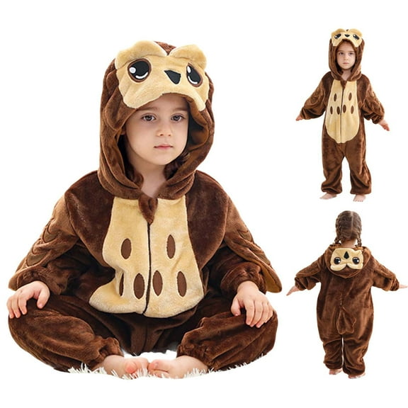 CYRBOKO Toddler Boys Girls Fleece Pajamas One-pieces, Fall Zip Up Thermal Unisex Long Sleeve One-Piece Bodysuits Brown Size 19-24 Months