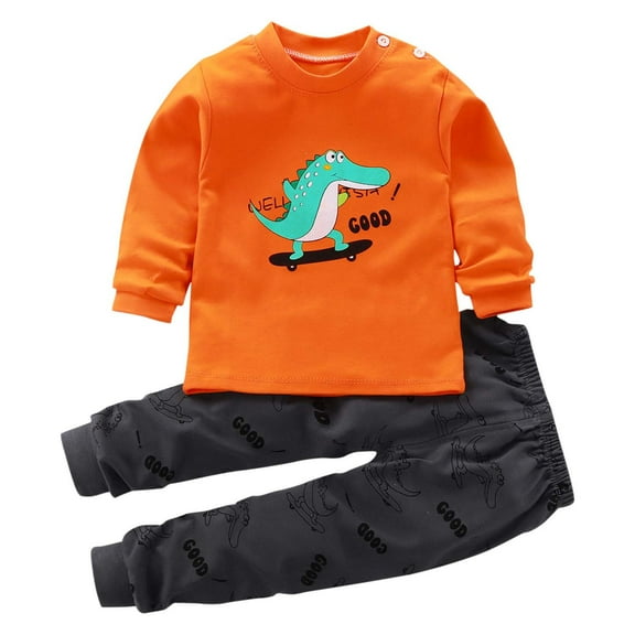 CYRBOKO Toddler Boys Graphic Pajama Sets, Long Sleeve Thermal Stretchy Cotton Elastic Waist Loungewear Sets Orange Size 1-2 T
