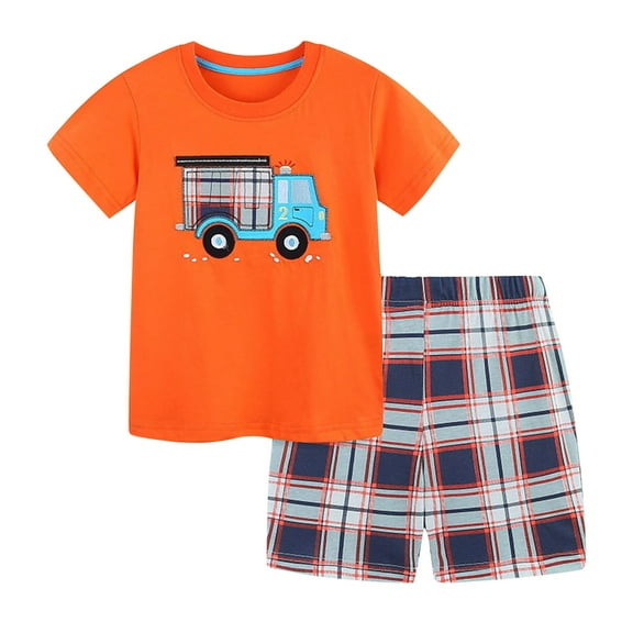 CYRBOKO Toddler Boys Outfit Sets, Crewneck Elastic Waist Cotton Short Sleeve Summer Clothing Sets Orange Size 3-4 T
