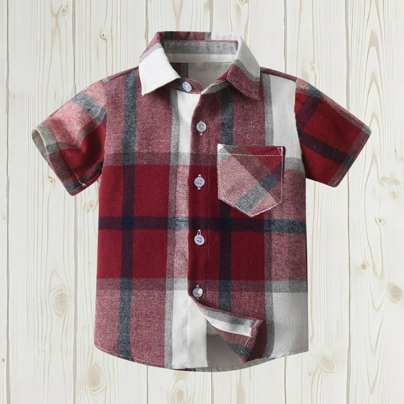 CYRBOKO Toddler Boys Summer Button Down Shirts, Cotton Vacation Casual Plaid Short Sleeve Tops Red Size 2-3 T