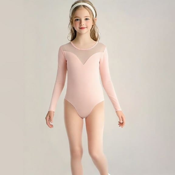 CYRBOKO Girl's Dancewear Leotards 2025, Cotton Dance Long Sleeve Performance Gymnastics Clothes Pink Size 8-10 T