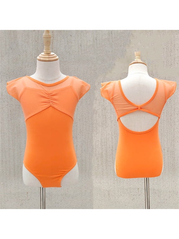 Toddler Girl's Gymnastics Leotards, Training Mash Short Sleeve Performance Ballerina Dancewear Orange Size 3-4 T