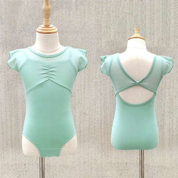 CYRBOKO Girl's Gymnastics Leotards, Training Short Sleeve Mash Performance Ballerina Dancewear Green Size 7-8 T