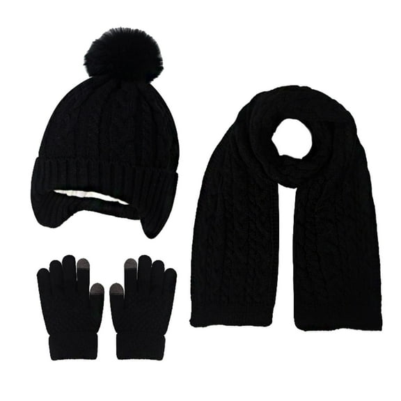 CYRBOKO Toddler Girl's Hat Scarf and Gloves, Three Pieces Winter Thermal Beanies with Pom Kids Accessories Sets Black Size 3-10 T
