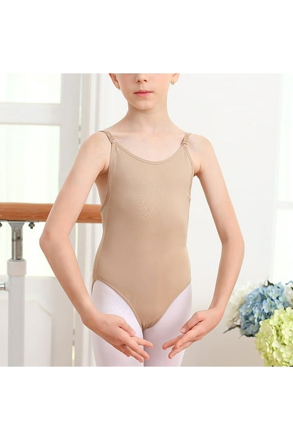 Girls Ballet Leotards, Performance Backless Cotton Spaghetti Strap Dancewear Clothes Beige Size 2-11 T