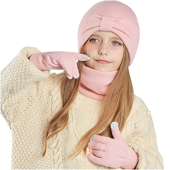 CYRBOKO Toddler Girls' Beanies, Gloves & Scarves, Stretchy Winter Thermal 3 Pieces Hats Sets Pink Size 3-8 T