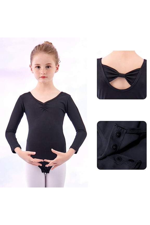 Toddler Girls Competition Ballet Leotard, Cotton Training Performance Long Sleeve Dancewear Clothes Black Size 4-5 T