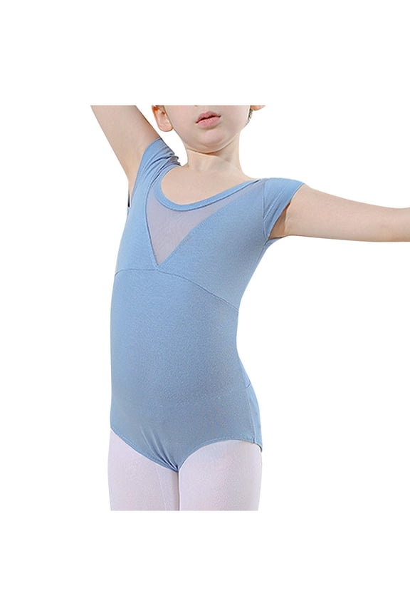 Girls Dancewear Leotards, Cotton Competition Ballet Short Sleeve Gymnastics Clothes Light Blue Size 11-12 T