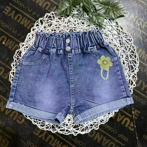 CYRBOKO Toddler Girls Denim Shorts, Elastic Waist Casual Streth Summer Jean Shorts Blue Size 5 T