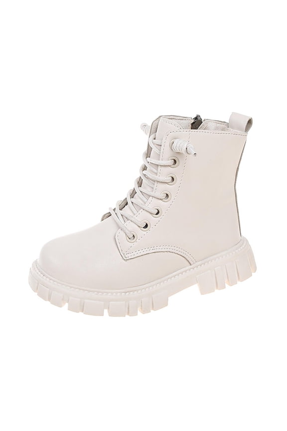 Girls Fall Riding Boots, Soft Sole Lace Up Non-Slip Side-zip Mid Calf Booties White Size 2.5 (Big Kids)