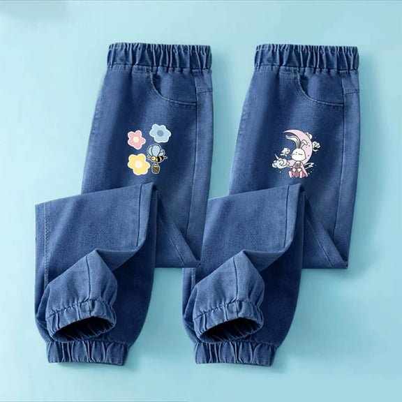 CYRBOKO Toddler Girls Graphic Jeans, Elastic Waist Loose Gift 2 Pack Long Pants Navy Size 4-5 T