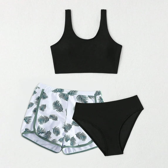 CYRBOKO Toddler Girls Graphic Swimsuit, Vacation Summer 3 Pieces Beach Bikinis Set Black Size 4-5 T