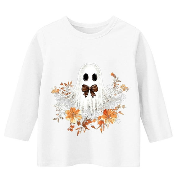 CYRBOKO Toddler Girls Halloween Shirts, 3/4 Sleeve Stretchy Party Crewneck Fall Tops White Size 3-4 T