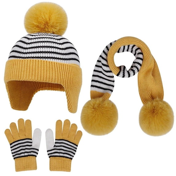 CYRBOKO Toddler Girls Hat Scarf and Gloves, Striped Winter Three Pieces Thermal Kids Accessories Sets Yellow Size 3-10 T