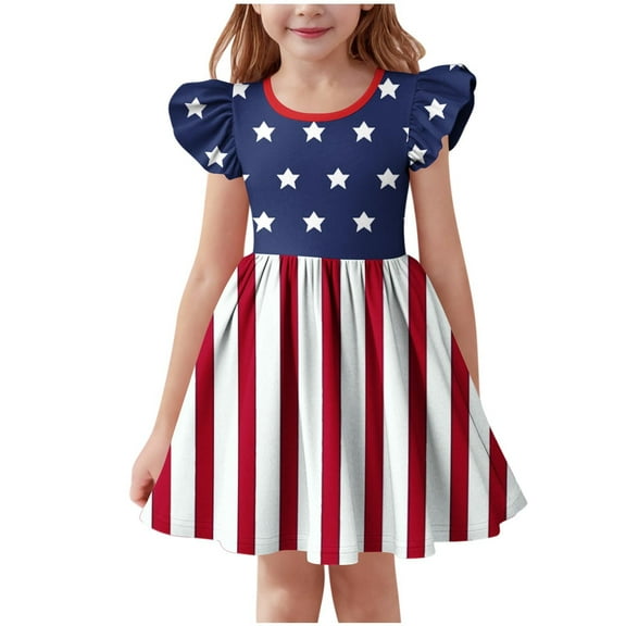 CYRBOKO Toddler Girls July 4th Dresses, Flutter Sleeve A-line Breathable Crewneck Summer Dresses Blue Size 3-4T
