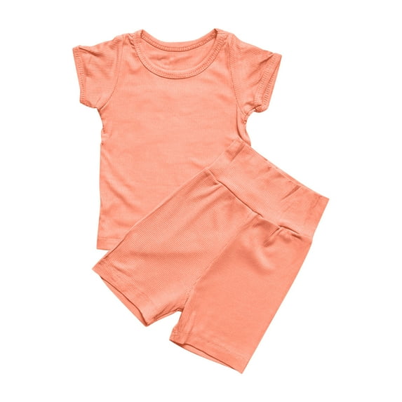 CYRBOKO Toddler Girls Outfit Sets, 2 Pieces Short Sleeve Solid Color T Shirts with Shorts Sets Orange Size 1-2 T
