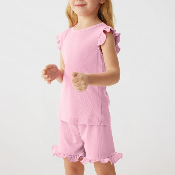 CYRBOKO Toddler Girls Outfit Sets, 2 Pieces Short Sleeve Solid Color T Shirts with Shorts Sets Pink Size 3-4T