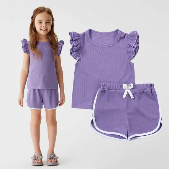 CYRBOKO Toddler Girls Outfit Sets, 2 Pieces Short Sleeve Solid Color T Shirts with Shorts Sets Purple Size 1 T