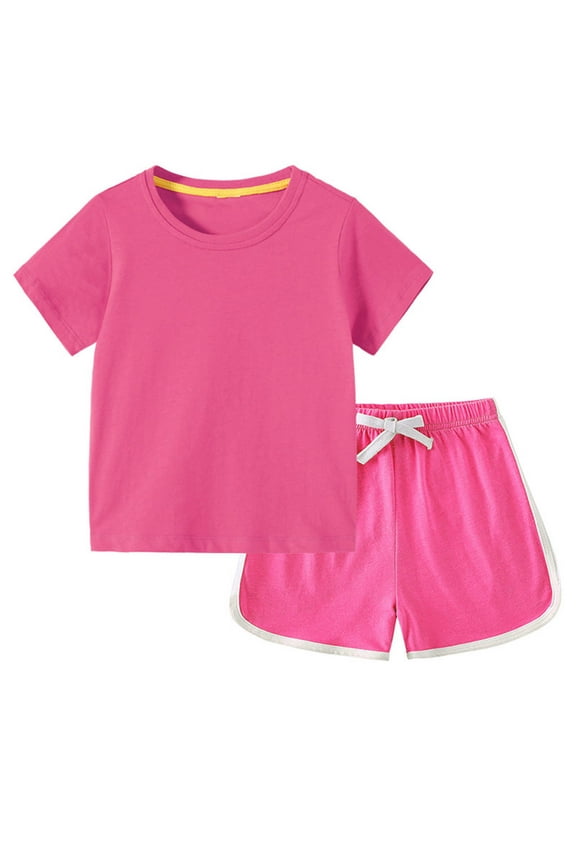 Toddler Girls Outfit Sets, Short Sleeve 2 Pieces Solid Color T Shirts with Shorts Sets Hot Pink Size 3-4 T