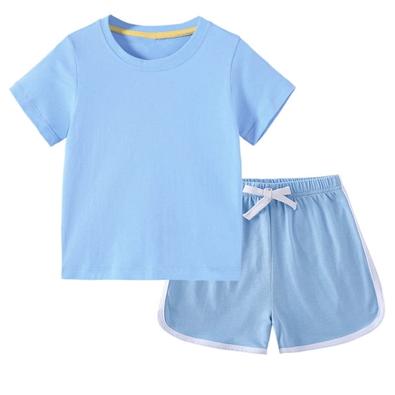 Cethrio Toddler Girls Outfit Sets, Solid Color 2 Pieces Short Sleeve T Shirts with Shorts Sets Light Blue Size 2-3 T