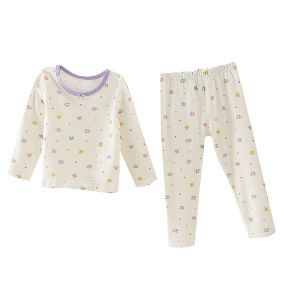 CYRBOKO Toddler Girls Pajama Sets, Elastic Waist Crewneck Long Sleeve Cotton Sleepwear Sets White Size 4-5 T