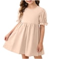 thumbnail image 1 of CYRBOKO Toddler Girls Pleated Dresses, A-line Summer Cotton Puff Sleeve Kids Dresses Pink Size 4-5 T, 1 of 7