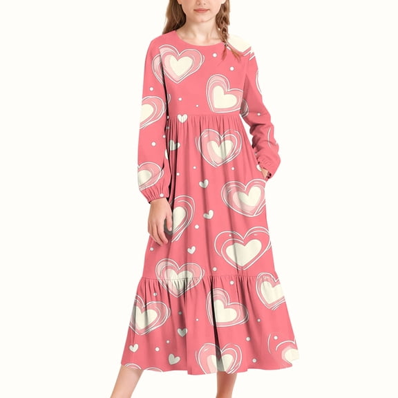 CYRBOKO Valentine's Day Dresses for Girls, A-line Long Sleeve Party Crewneck Dresses with Pockets Pink Size 14-15T