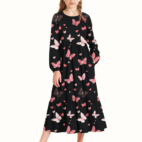 CYRBOKO Valentine's Day Dresses for Girls, Crewneck Long Sleeve Stretchy A-line Dresses with Pockets Black Size 14-15T