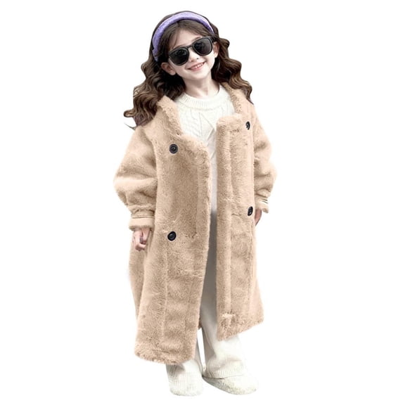 CYRBOKO Winter Jackets for Girls, Button Fashion Mid-length Thermal Outerwear for Cold Weather Beige Size 5-6 T