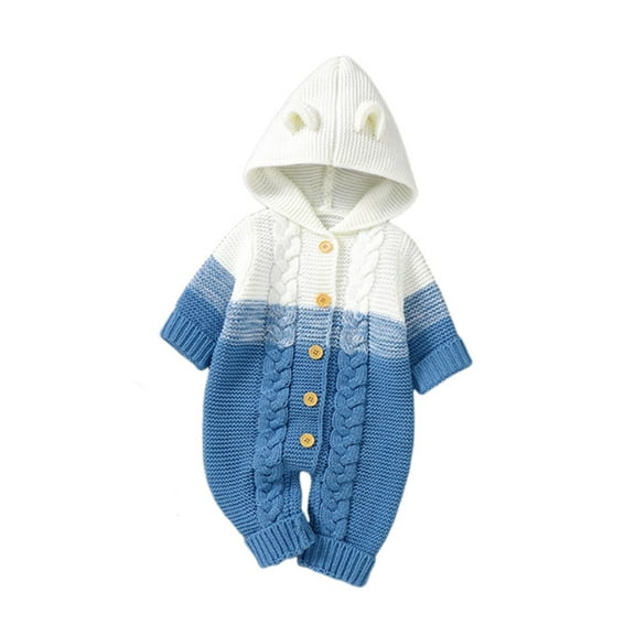 CYRBOKO Winter Pajamas One-pieces for Baby Boys Girls, Knitted Fall Unisex Long Sleeve Button Babys Pajamas Blue Size 3-6 Months