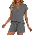 thumbnail image 1 of CYRBOKO Women Summer Outfit Sets, Casual Short Sleeve Elastic Waist V-neck Two-piece Sets Gray Size S, 1 of 4