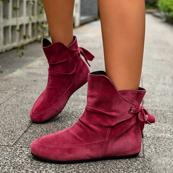 CYRBOKO Women's Ankle Booties, Round Toe Comfort Casual Flat Womens Winter Shoes Wine Size 7