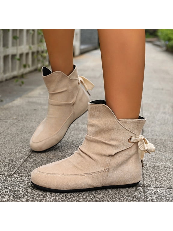 Women's Ankle Booties, Round Toe Comfort Flat Casual Womens Winter Shoes Khaki Size 5.5