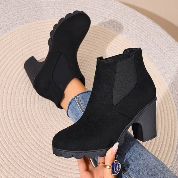 CYRBOKO Women's Ankle Boots, Round Toe Slip On Fall Winter Chunky Block Heel Womens Shoes Womens Booties Black Size 6.5