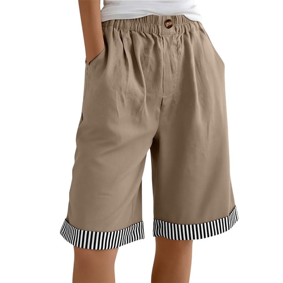 CYRBOKO Women's Bermuda Shorts, Casual Elastic Waist Knee Length Summer Cotton-linen shorts Khaki Size 2XL