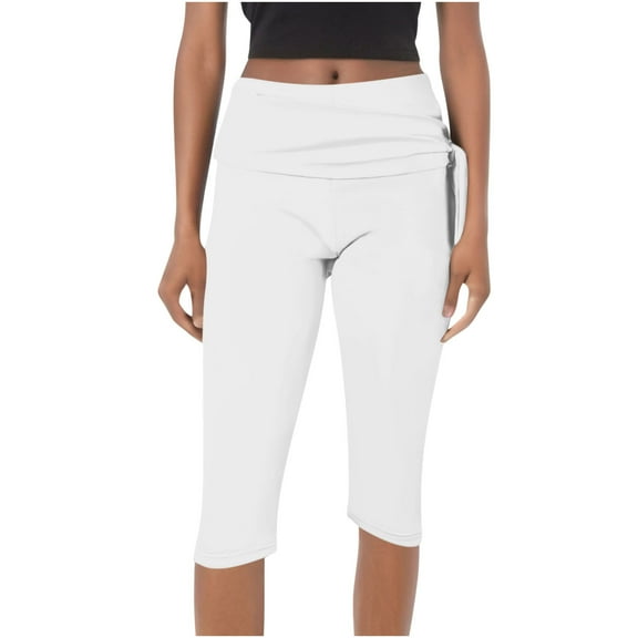CYRBOKO Women's Capri Pants, Comfy Stretch Side Knot Casual Cropped Trousers White Size S