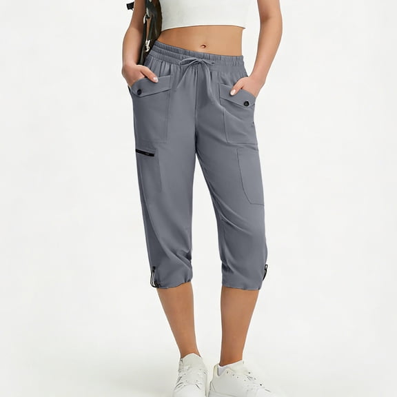 CYRBOKO Women's Capri Pants, Drawstring Relaxed Casual Elastic Waist Athletic Cargo Capris with Pockets Dark Gray Size XL