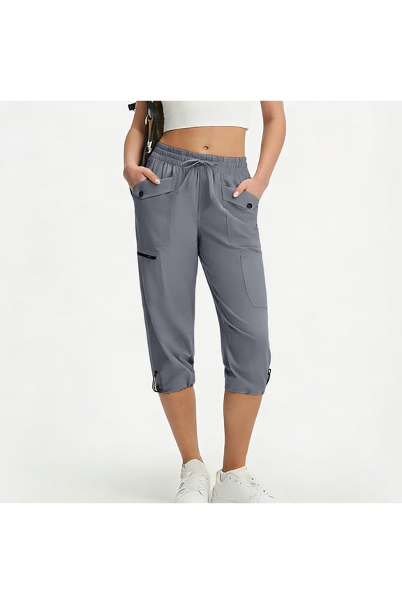 Women's Capri Pants, Elastic Waist Casual Relaxed Drawstring Athletic Cargo Capris with Pockets Dark Gray Size M