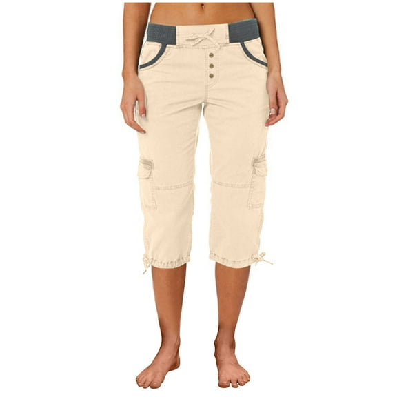 CYRBOKO Women's Capri Pants, High Waist Breathable Drawstring Casual Cargo Capris Beige Size M