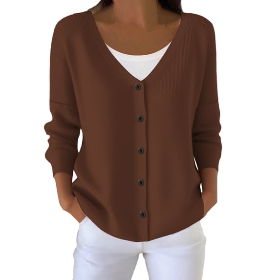 CYRBOKO Women's Cardigan Sweaters, Button Closure V Neck Long Sleeve Lightweight Soft Knit Casual Women Tops Brown Size 3XL