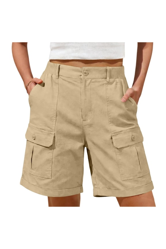 Women's Cargo Shorts with Pockets, Elastic Waist Casual Knee Length Relaxed Fit Summer Bermuda Shorts Khaki Size L