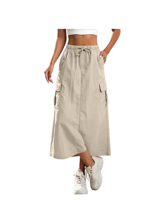 Women's Cargo Skirts, Relaxed Fit Elastic Waist Side Split Drawstring Summer Maxi Skirts with Mulit-Pocket Khaki Size L
