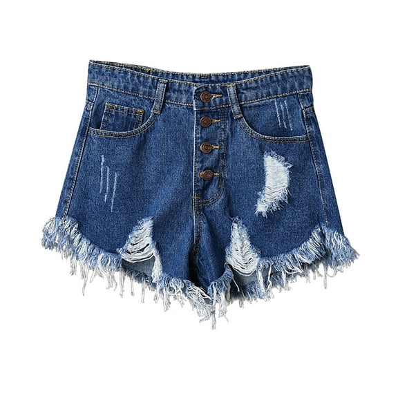 CYRBOKO Women's Denim Shorts, Buttons Ripped Raw-hem Casual Summer Jeans Blue Size 4XL