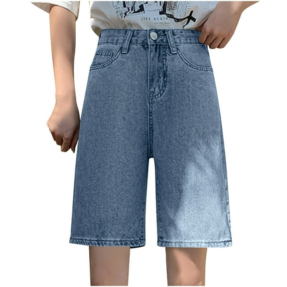 CYRBOKO Women's Denim Shorts, Comfy Summer Straight-leg High-Waisted Bermuda Shorts Blue Size M