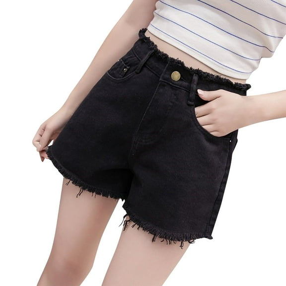 CYRBOKO Women's Denim Shorts, High-Waisted Summer Raw-hem Breathable Short Pants Black Size S