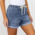 thumbnail image 1 of CYRBOKO Women's Denim Shorts, Holiday Drawstring Casual Elastic Waist Summer Jeans with Pockets Dark Blue Size L, 1 of 6