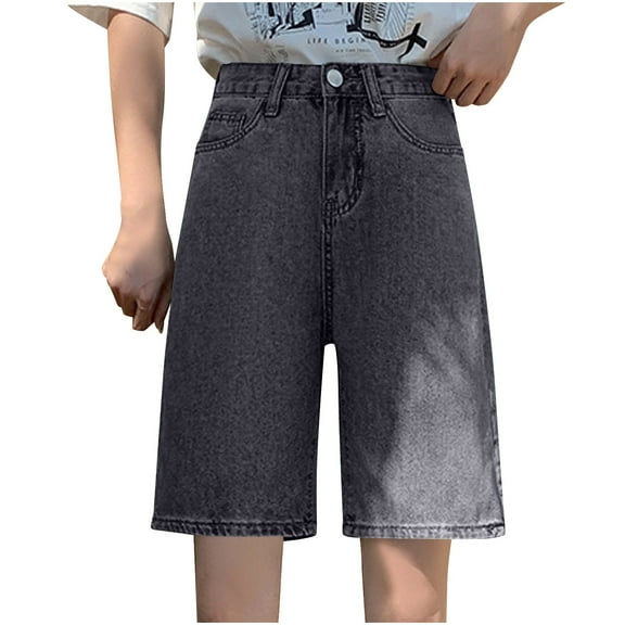 CYRBOKO Women's Denim Shorts, Straight-leg High-Waisted Summer Comfy Bermuda Shorts Gray Size M